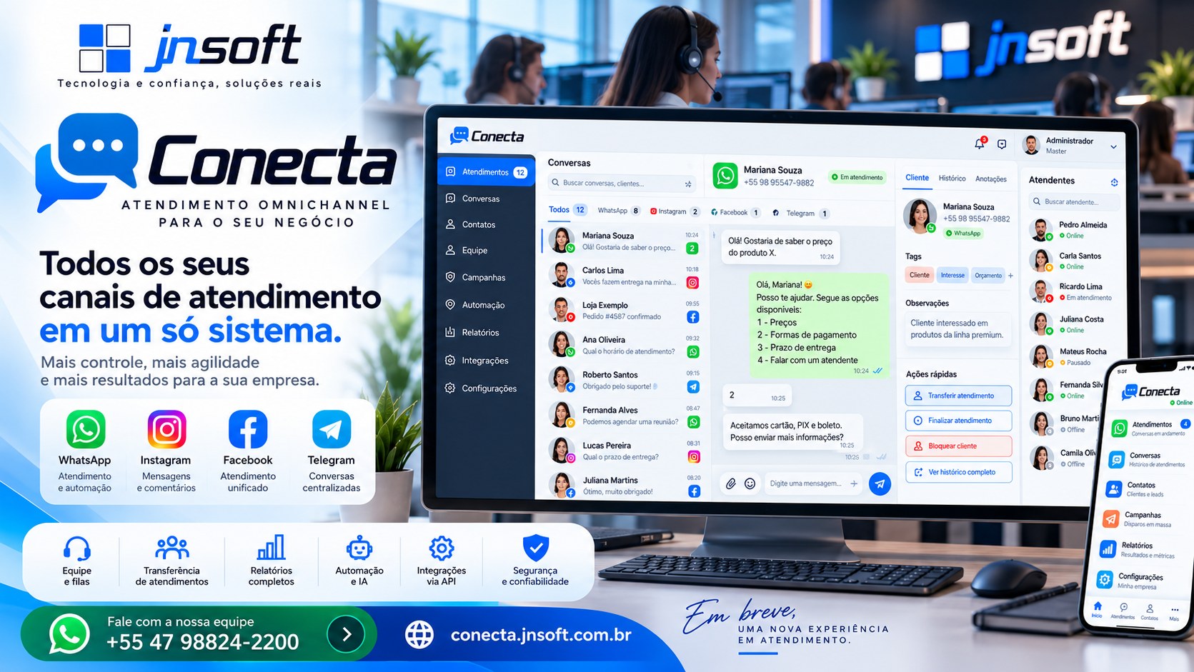 Apresentação ilustrativa do Conecta, com central de conversas, atendimento por menus, painel de clientes e lista de atendentes para transferência